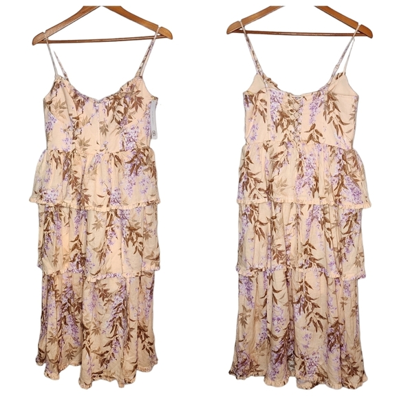 NWT House of Harlow Corset Tiered Linen/Rayon. Peach/Lavender Midi Dress. Medium - Picture 4 of 15